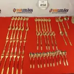 LOTE 050 - 01 FAQUEIRO DOURADO COM 12 COLHERES DE SOPA, 12 GARFOS DE MESA, 12 FACAS DE MESA, 12 GARFOS PEIXE, 12 FACAS PEIXES, 12 COLHERES DE SOBREMESA, 12 COLHERES DE SORVETE, 01 COLHER AÇUCAREIRO, 01 FACA MANTEIGUEIRA, 12 COLHERES DE SOBREMESA, 12 GARFOS DE SOBREMESA, 12 COLHERES DE CAFÉ, 01 COLHER E 01 GARFO PARA SALADA, 01 CONCHA PEQUENA E 01 ESPÁTULA. (NO ESTADO EM QUE SE ENCONTRA) ATENÇÃO! FAZER A VISITAÇÃO ANTES DE ARREMATAR, NÃO SABEMOS SE FUNCIONA. LEILÃO NÃO TEM GARANTIA E NEM DEVOLUÇÃO, SUJEITO A POSSÍVEIS AVARIAS VISÍVEIS/OCULTAS E/OU AUSÊNCIA DE COMPONENTES.  