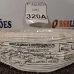 LOTE 320 - 01 ROLO DE CABO FLEXÍVEL 450/750VOLTS 1X2,50MM NA COR BRANCO. (NO ESTADO) ATENÇÃO! FAZER A VISITAÇÃO ANTES DE ARREMATAR, NÃO SABEMOS SE FUNCIONA. LEILÃO NÃO TEM GARANTIA E NEM DEVOLUÇÃO, SUJEITO A POSSÍVEIS AVARIAS VISÍVEIS/OCULTAS E/OU AUSÊNCIA DE COMPONENTES.