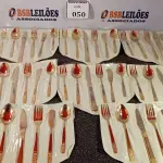 LOTE 050 - 01 FAQUEIRO DOURADO COM 12 COLHERES DE SOPA, 12 GARFOS DE MESA, 12 FACAS DE MESA, 12 GARFOS PEIXE, 12 FACAS PEIXES, 12 COLHERES DE SOBREMESA, 12 COLHERES DE SORVETE, 01 COLHER AÇUCAREIRO, 01 FACA MANTEIGUEIRA, 12 COLHERES DE SOBREMESA, 12 GARFOS DE SOBREMESA, 12 COLHERES DE CAFÉ, 01 COLHER E 01 GARFO PARA SALADA, 01 CONCHA PEQUENA E 01 ESPÁTULA. (NO ESTADO EM QUE SE ENCONTRA) ATENÇÃO! FAZER A VISITAÇÃO ANTES DE ARREMATAR, NÃO SABEMOS SE FUNCIONA. LEILÃO NÃO TEM GARANTIA E NEM DEVOLUÇÃO, SUJEITO A POSSÍVEIS AVARIAS VISÍVEIS/OCULTAS E/OU AUSÊNCIA DE COMPONENTES.  