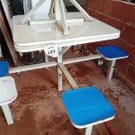 LOTE 481 - 02 MESAS P/REFEITÓRIO NA COR BRANCO, TAMPO EM MADEIRA COM 04 ASSENTOS CADA. (NO ESTADO) ATENÇÃO! FAZER A VISITAÇÃO ANTES DE ARREMATAR, NÃO SABEMOS SE FUNCIONA. LEILÃO NÃO TEM GARANTIA E NEM DEVOLUÇÃO, SUJEITO A POSSÍVEIS AVARIAS VISÍVEIS/OCULTAS E/OU AUSÊNCIA DE COMPONENTES.