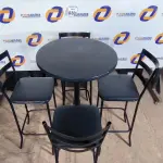 LOTE 030 - 01 MESA BISTRÔ COM 04 BANQUETAS ALTAS. (NO ESTADO) ATENÇÃO! FAZER A VISITAÇÃO ANTES DE ARREMATAR, NÃO SABEMOS SE FUNCIONA. LEILÃO NÃO TEM GARANTIA E NEM DEVOLUÇÃO, SUJEITO A POSSÍVEIS AVARIAS VISÍVEIS/OCULTAS E/OU AUSÊNCIA DE COMPONENTES.