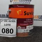 LOTE 080 - 01 LATA DE TINTA ESMALTE PARA MADEIRAS E METAIS NA COR BRILHANTE PLATINA DE 3,6L MARCA SUVINIL. (NOVO) (NO ESTADO) ATENÇÃO! FAZER A VISITAÇÃO ANTES DE ARREMATAR, NÃO SABEMOS SE FUNCIONA. LEILÃO NÃO TEM GARANTIA E NEM DEVOLUÇÃO, SUJEITO A POSSÍVEIS AVARIAS VISÍVEIS/OCULTAS E/OU AUSÊNCIA DE COMPONENTES.