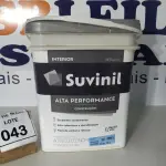 LOTE 043 - 01 BALDE DE TINTA SUVINIL INTERIORES FOSCOS 18L NA COR FOSCO BRANCO, VENCIMENTO 10/2027 (NOVO) (NO ESTADO) ATENÇÃO! FAZER A VISITAÇÃO ANTES DE ARREMATAR, NÃO SABEMOS SE FUNCIONA. LEILÃO NÃO TEM GARANTIA E NEM DEVOLUÇÃO, SUJEITO A POSSÍVEIS AVARIAS VISÍVEIS/OCULTAS E/OU AUSÊNCIA DE COMPONENTES.