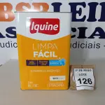 LOTE 126 - 01 LATA DE TINTA INTERIOR/EXTERIOR LIMPA FACIL DE 16/18L COR BASE BRANCO MARCA IQUINE. (NOVO) (NO ESTADO) ATENÇÃO! FAZER A VISITAÇÃO ANTES DE ARREMATAR, NÃO SABEMOS SE FUNCIONA. LEILÃO NÃO TEM GARANTIA E NEM DEVOLUÇÃO, SUJEITO A POSSÍVEIS AVARIAS VISÍVEIS/OCULTAS E/OU AUSÊNCIA DE COMPONENTES.