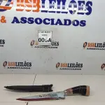 LOTE 005 - 01 FACA ARTESANAL AÇO INOX CABO DE CHIFRE BAINHA DE COURO LEGITIMO TAMANHO TOTAL 34CM PESO 290G JÁ AFIADA (NOVO) (NO ESTADO) ATENÇÃO! FAZER A VISITAÇÃO ANTES DE ARREMATAR, NÃO SABEMOS SE FUNCIONA. LEILÃO NÃO TEM GARANTIA E NEM DEVOLUÇÃO, SUJEITO A POSSÍVEIS AVARIAS VISÍVEIS/OCULTAS E/OU AUSÊNCIA DE COMPONENTES.