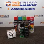 LOTE 497 - 05 TINTAS SPRAY DE CORES DIVERSAS, 01 DESCARBONIZANTE E 01 VERNIZ VERDE ISOTEC. (NO ESTADO) ATENÇÃO! FAZER A VISITAÇÃO ANTES DE ARREMATAR, NÃO SABEMOS SE FUNCIONA, LEILÃO NÃO TEM GARANTIA E NEM DEVOLUÇÃO, SUJEITO A POSSÍVEIS AVARIAS VISÍVEIS/OCULTAS E/OU AUSÊNCIA DE COMPONENTES.