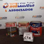 LOTE 474 - 01 ESMALTE SINTÉTICO DE 3,6L MARCA CORAL, 01 ESMALTE SINTÉTICO COM 3,6L MARCA DELCOR E 01 SELADOR DE 3,6L MARCA LUZTOL. (NO ESTADO) ATENÇÃO! FAZER A VISITAÇÃO ANTES DE ARREMATAR, NÃO SABEMOS SE FUNCIONA, LEILÃO NÃO TEM GARANTIA E NEM DEVOLUÇÃO, SUJEITO A POSSÍVEIS AVARIAS VISÍVEIS/OCULTAS E/OU AUSÊNCIA DE COMPONENTES.