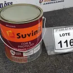 LOTE 116 - 01 LATA DE TINTA ESMALTE PARA MADEIRAS E METAIS NA COR BRILHANTE PLATINA DE 3,6L MARCA SUVINIL. (NOVO) (NO ESTADO) ATENÇÃO! FAZER A VISITAÇÃO ANTES DE ARREMATAR, NÃO SABEMOS SE FUNCIONA. LEILÃO NÃO TEM GARANTIA E NEM DEVOLUÇÃO, SUJEITO A POSSÍVEIS AVARIAS VISÍVEIS/OCULTAS E/OU AUSÊNCIA DE COMPONENTES.