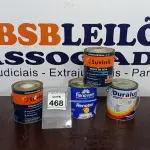 LOTE 468 - 02 LATAS DE TINTA BASE 3,2L ACETINADO BASE A2 MARCA SUVINIL, 01 LATA DE ESMALTE SINTÉTICO 3,2L COR AZUL FRANÇA MARCA DURALUXE E 01 LATA DE TINTA ACRÍLICA 3,2 MARCA RENOVARE. (NO ESTADO) ATENÇÃO! FAZER A VISITAÇÃO ANTES DE ARREMATAR, NÃO SABEMOS SE FUNCIONA, LEILÃO NÃO TEM GARANTIA E NEM DEVOLUÇÃO, SUJEITO A POSSÍVEIS AVARIAS VISÍVEIS/OCULTAS E/OU AUSÊNCIA DE COMPONENTES.
