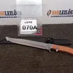LOTE 070 - FACA IMPORTADA AÇO INOXIDÁVEL CABO EM MADEIRA GUARDA DUPLA  FULL TANG BAINHA DE NYLON TAMANHO TOTAL 38CM PESO 416G JÁ AFIADA  . (NO ESTADO) ATENÇÃO! FAZER A VISITAÇÃO ANTES DE ARREMATAR, NÃO SABEMOS SE FUNCIONA. LEILÃO NÃO TEM GARANTIA E NEM DEVOLUÇÃO, SUJEITO A POSSÍVEIS AVARIAS VISÍVEIS/OCULTAS E/OU AUSÊNCIA DE COMPONENTES.
