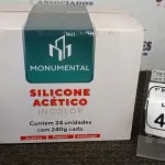 01 CAIXA COM 24 SILICONE ACÉTICO INCOLOR DE 240G CADA MARCA MONUMENTAL. (NO ESTADO) ATENÇÃO! FAZER A VISITAÇÃO ANTES DE ARREMATAR, NÃO SABEMOS SE FUNCIONA, LEILÃO NÃO TEM GARANTIA E NEM DEVOLUÇÃO, SUJEITO A POSSÍVEIS AVARIAS VISÍVEIS/OCULTAS E/OU AUSÊNCIA DE COMPONENTES.