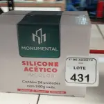 01 CAIXA COM 24 SILICONES ACÉTICO INCOLOR DE 240G CADA MARCA MONUMENTAL. (NO ESTADO) ATENÇÃO! FAZER A VISITAÇÃO ANTES DE ARREMATAR, NÃO SABEMOS SE FUNCIONA, LEILÃO NÃO TEM GARANTIA E NEM DEVOLUÇÃO, SUJEITO A POSSÍVEIS AVARIAS VISÍVEIS/OCULTAS E/OU AUSÊNCIA DE COMPONENTES.