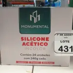 01 CAIXA COM 24 SILICONES ACÉTICO INCOLOR DE 240G CADA MARCA MONUMENTAL. (NO ESTADO) ATENÇÃO! FAZER A VISITAÇÃO ANTES DE ARREMATAR, NÃO SABEMOS SE FUNCIONA, LEILÃO NÃO TEM GARANTIA E NEM DEVOLUÇÃO, SUJEITO A POSSÍVEIS AVARIAS VISÍVEIS/OCULTAS E/OU AUSÊNCIA DE COMPONENTES.